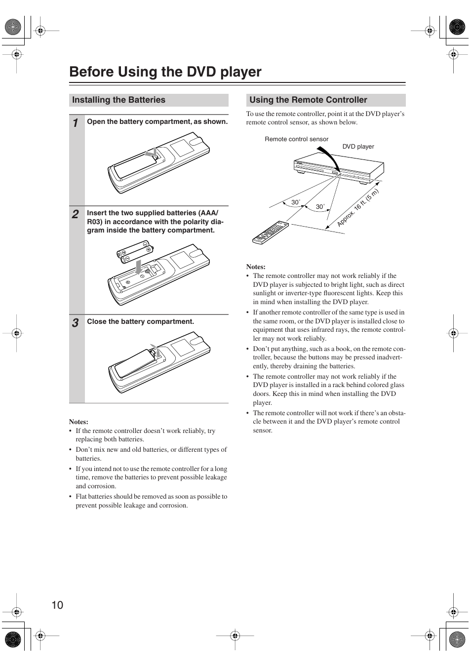 Before using the dvd player, Installing the batteries, Using the remote controller | Onkyo DV-SP406 User Manual | Page 10 / 40