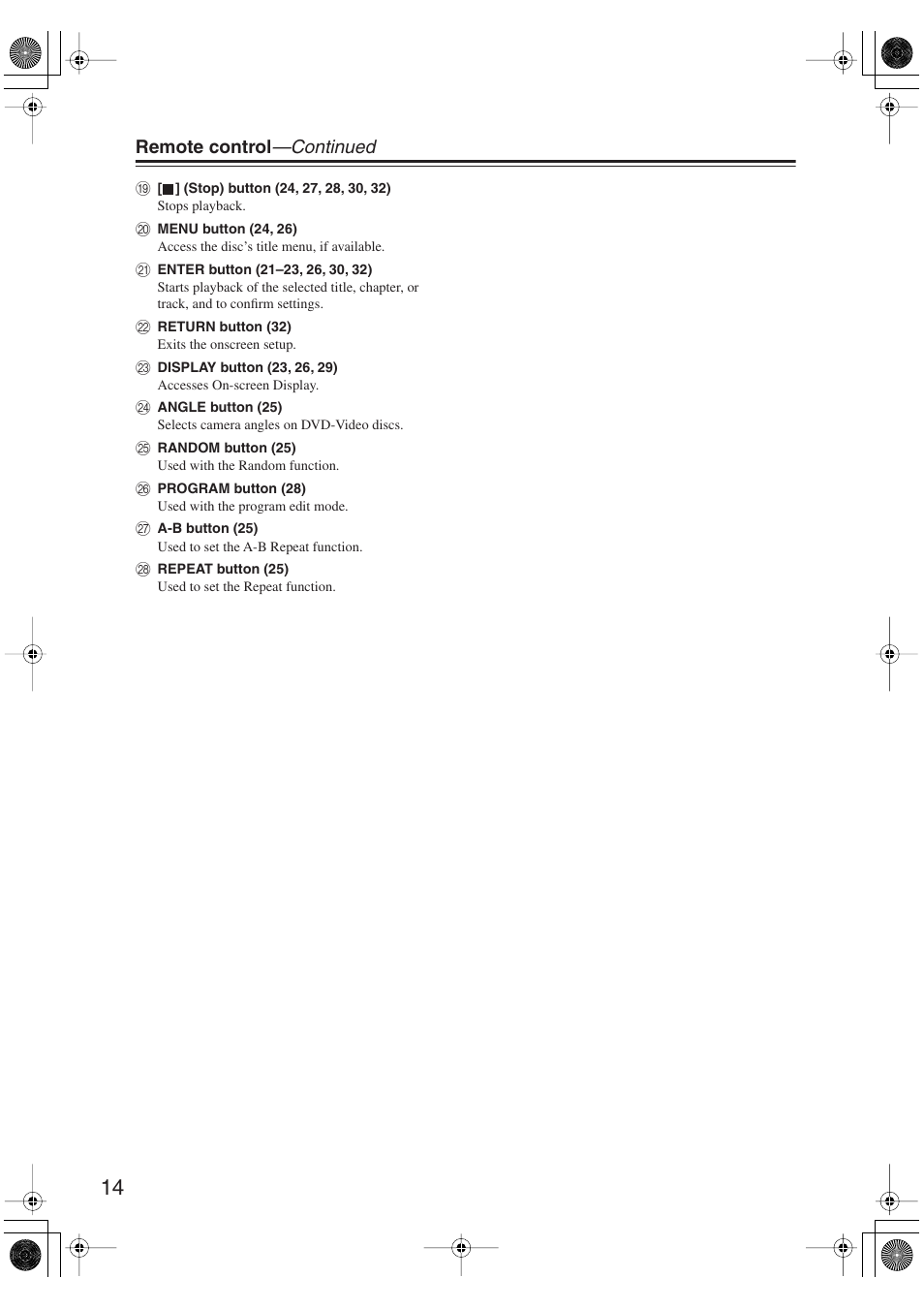 Remote control —continued | Onkyo DV-SP406 User Manual | Page 14 / 40
