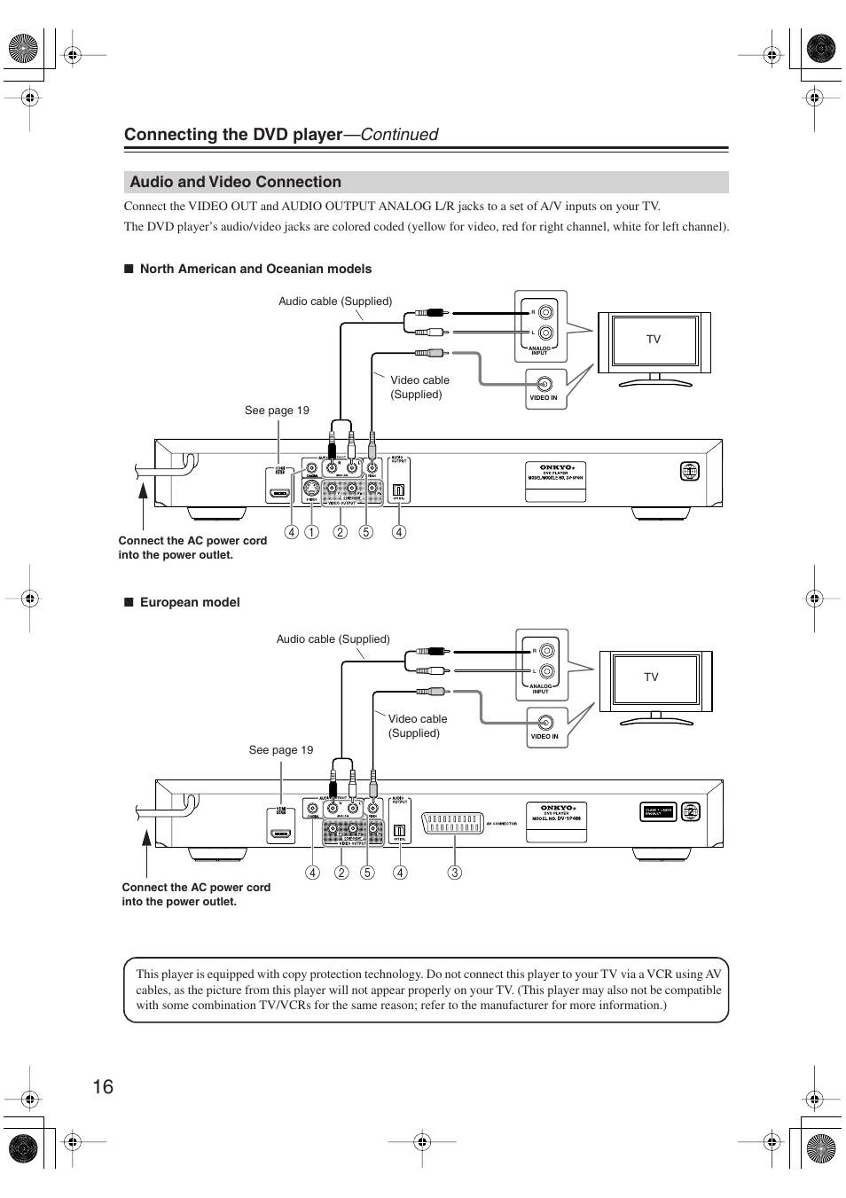 Audio and video connection, Connecting the dvd player —continued | Onkyo DV-SP406 User Manual | Page 16 / 40