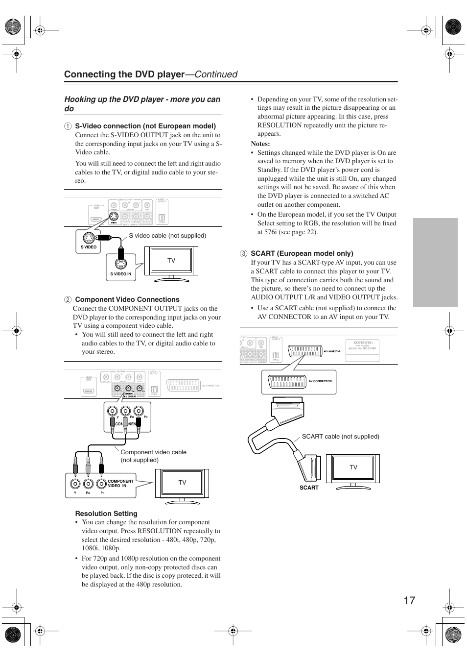 Utton (17), Connecting the dvd player —continued | Onkyo DV-SP406 User Manual | Page 17 / 40