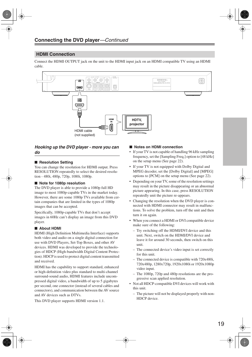 Hdmi connection, Connecting the dvd player —continued | Onkyo DV-SP406 User Manual | Page 19 / 40