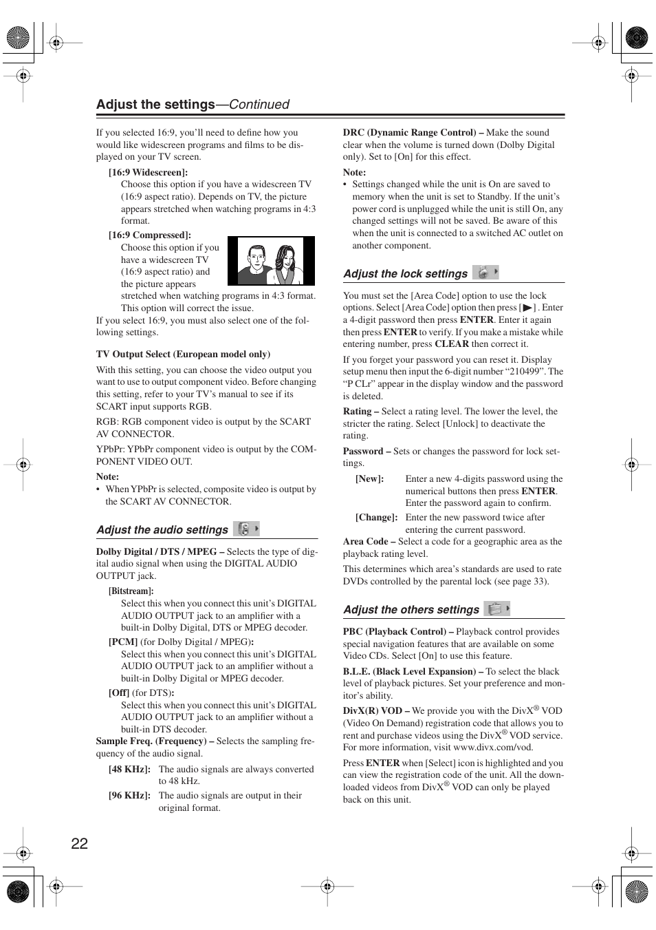 Adjust the settings —continued | Onkyo DV-SP406 User Manual | Page 22 / 40