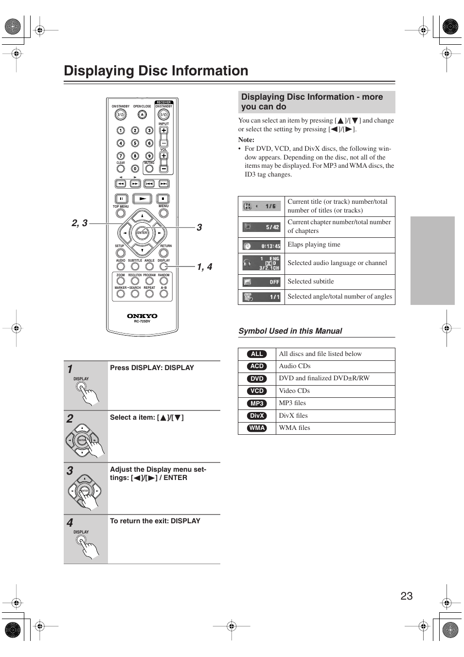 Displaying disc information, Displaying disc information - more you can do, More you can do | Utton (23 | Onkyo DV-SP406 User Manual | Page 23 / 40