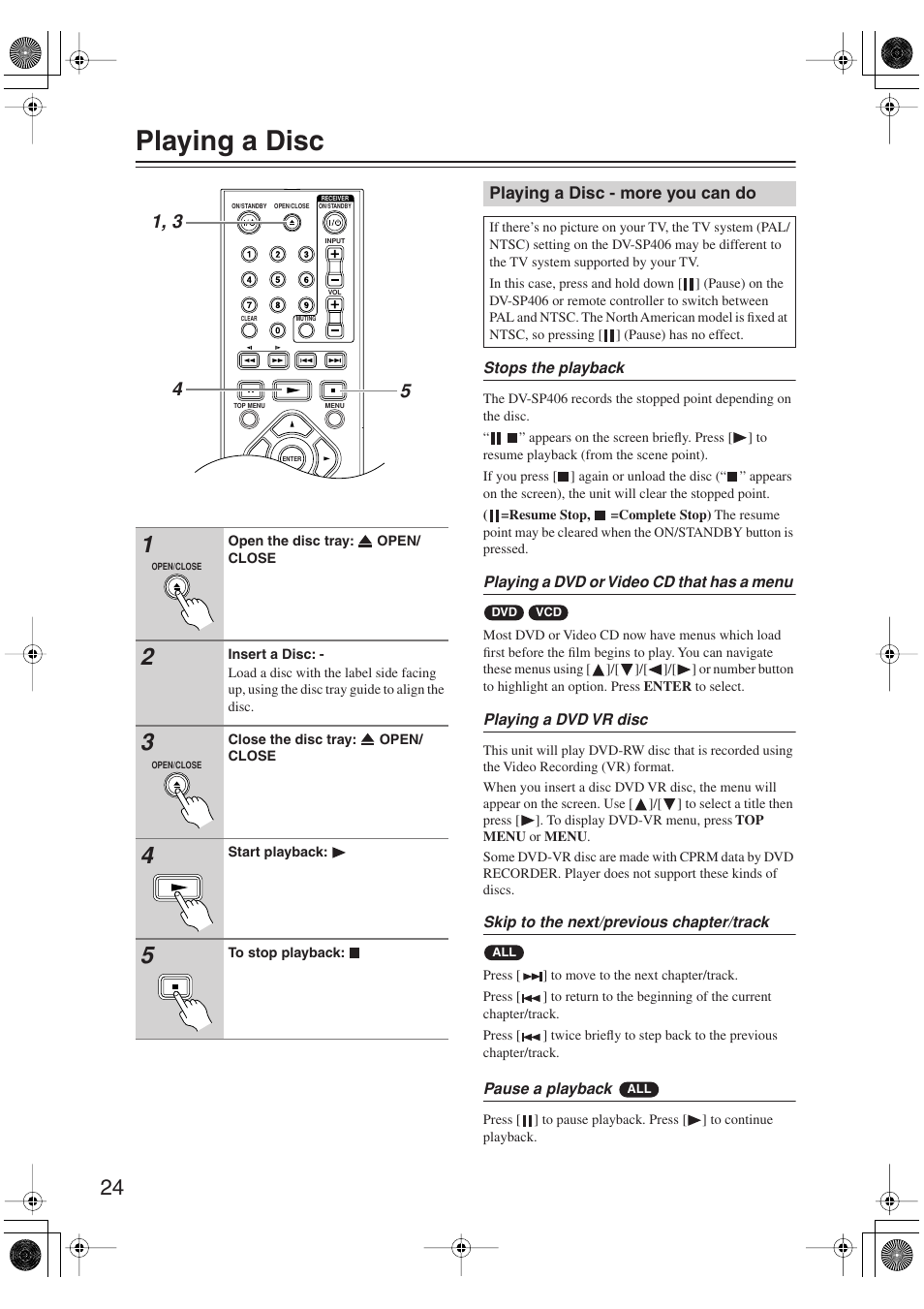 Playing a disc, Playing a disc - more you can do, Playback operation | Utton (24), Uttons (24, Utton (24 | Onkyo DV-SP406 User Manual | Page 24 / 40
