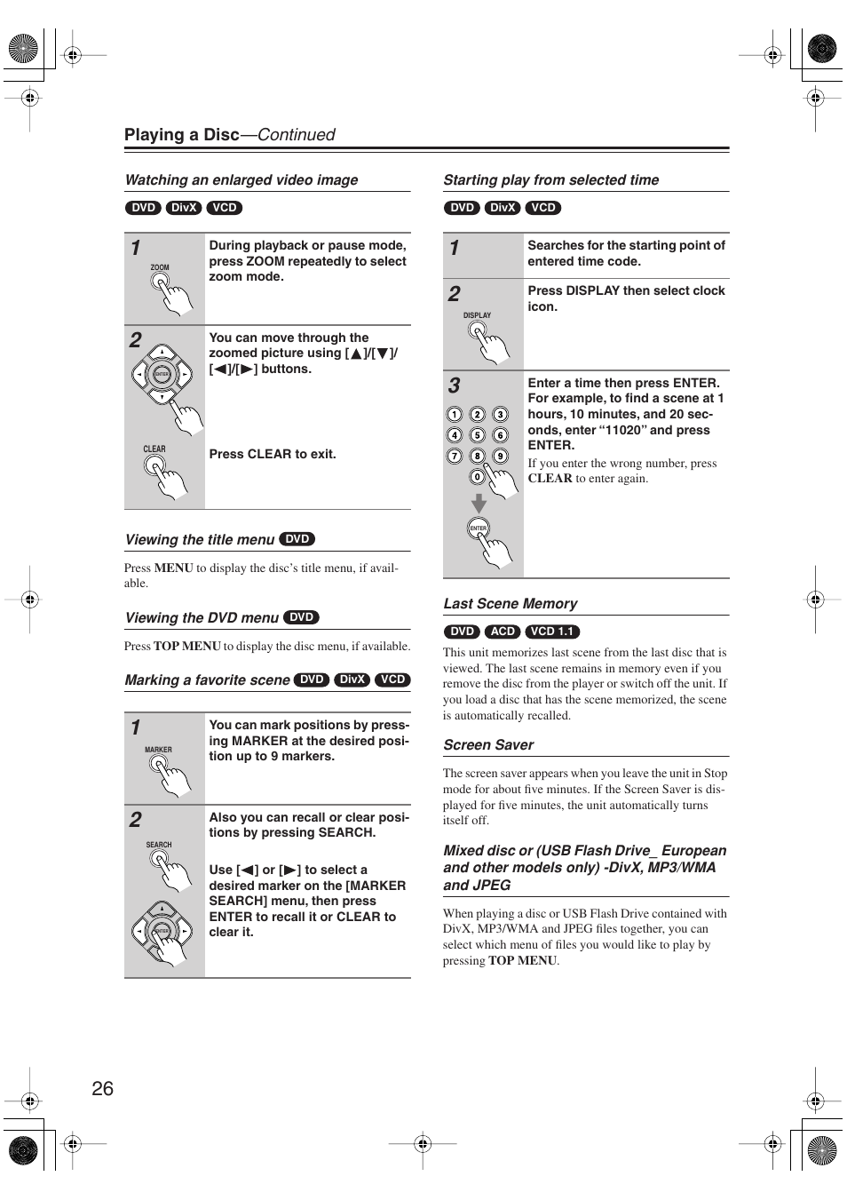 Uttons (26), Utton (26, Utton (26) | Playing a disc —continued | Onkyo DV-SP406 User Manual | Page 26 / 40