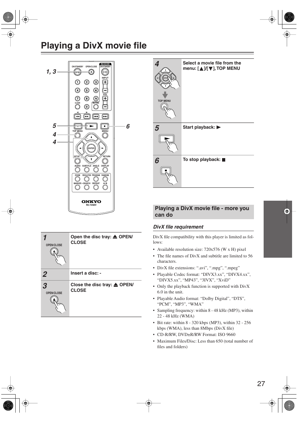 Playing a divx movie file, Playing a divx movie file - more you can do, More you can do | Onkyo DV-SP406 User Manual | Page 27 / 40