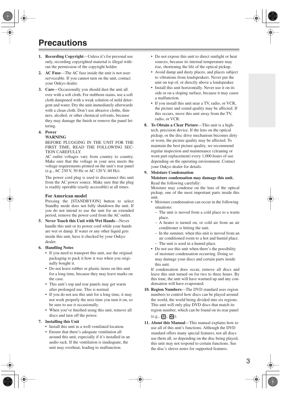 Precautions | Onkyo DV-SP406 User Manual | Page 3 / 40