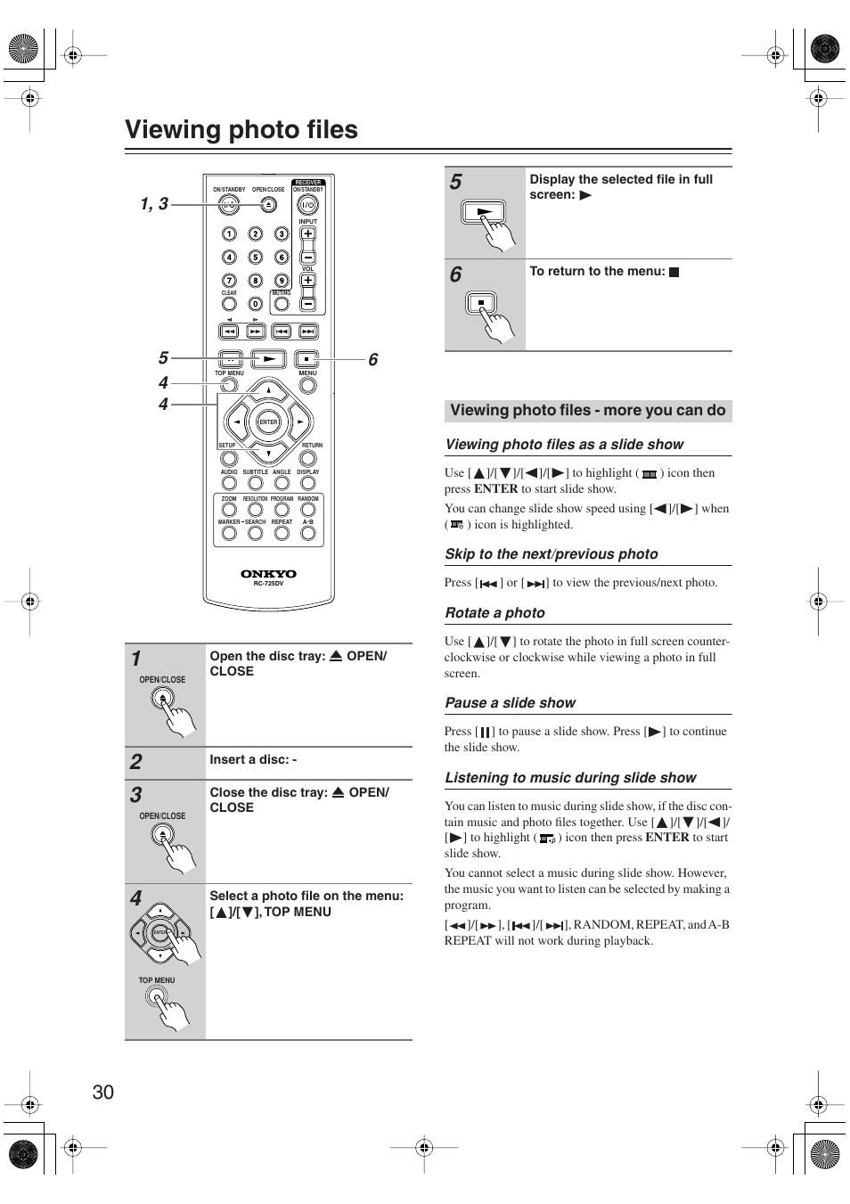Viewing photo files, Viewing photo files - more you can do | Onkyo DV-SP406 User Manual | Page 30 / 40