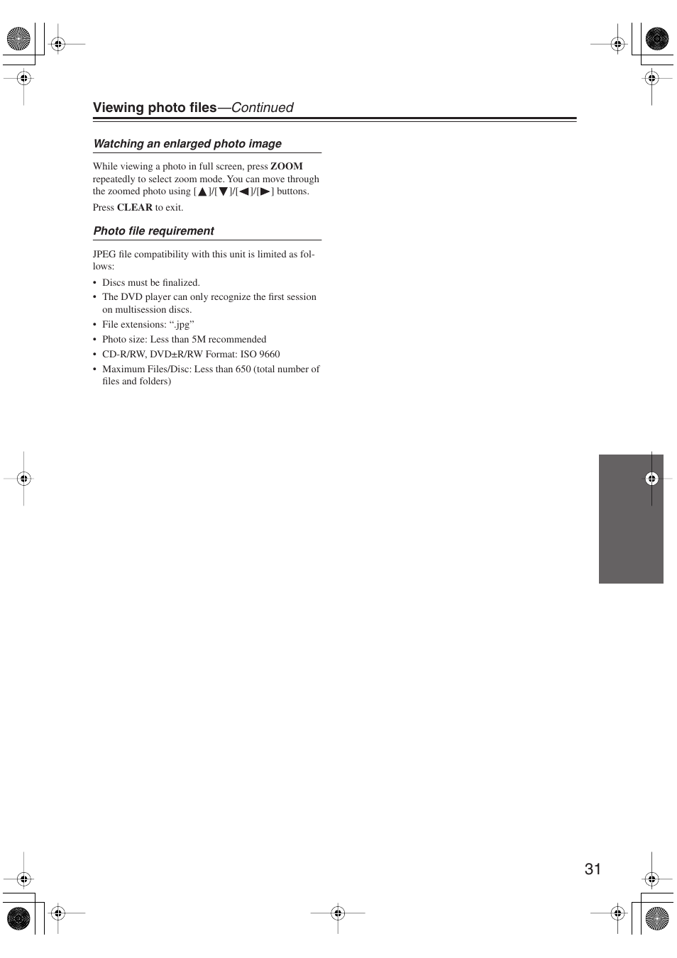 Viewing photo files —continued | Onkyo DV-SP406 User Manual | Page 31 / 40