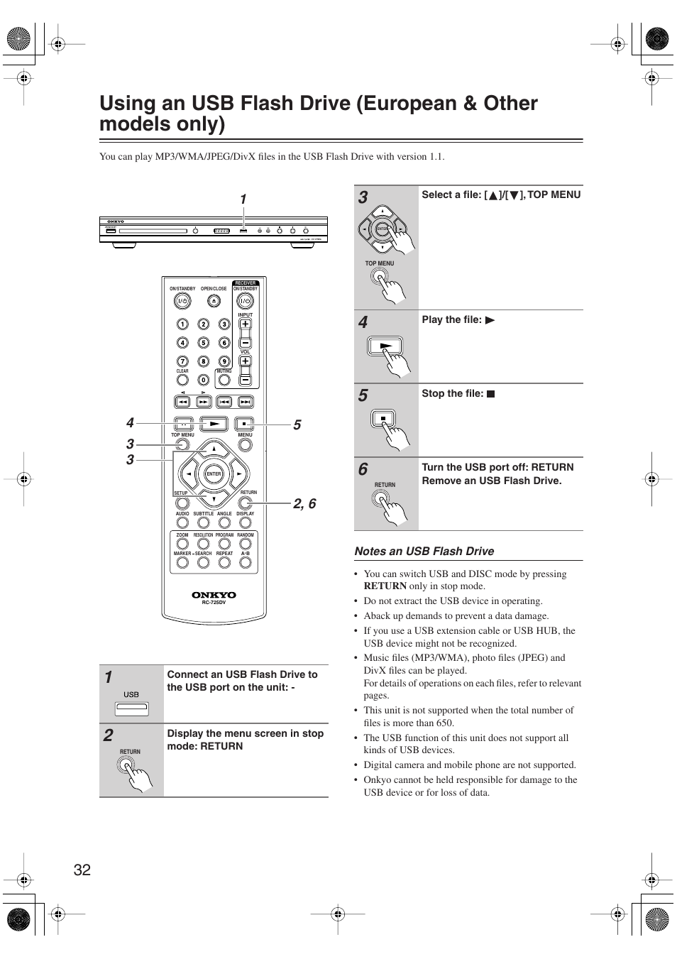 Using an usb flash drive, European & other models only), Utton (32) | Onkyo DV-SP406 User Manual | Page 32 / 40