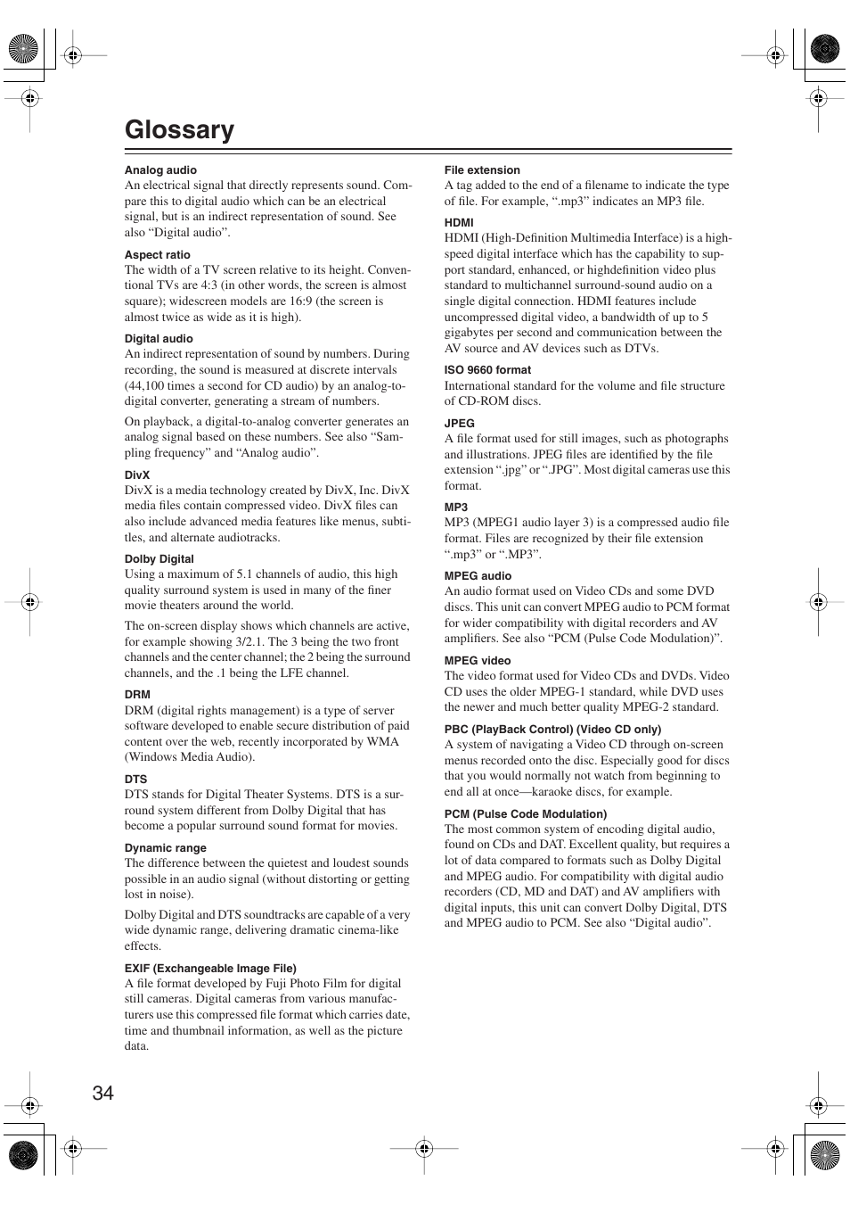 Glossary | Onkyo DV-SP406 User Manual | Page 34 / 40