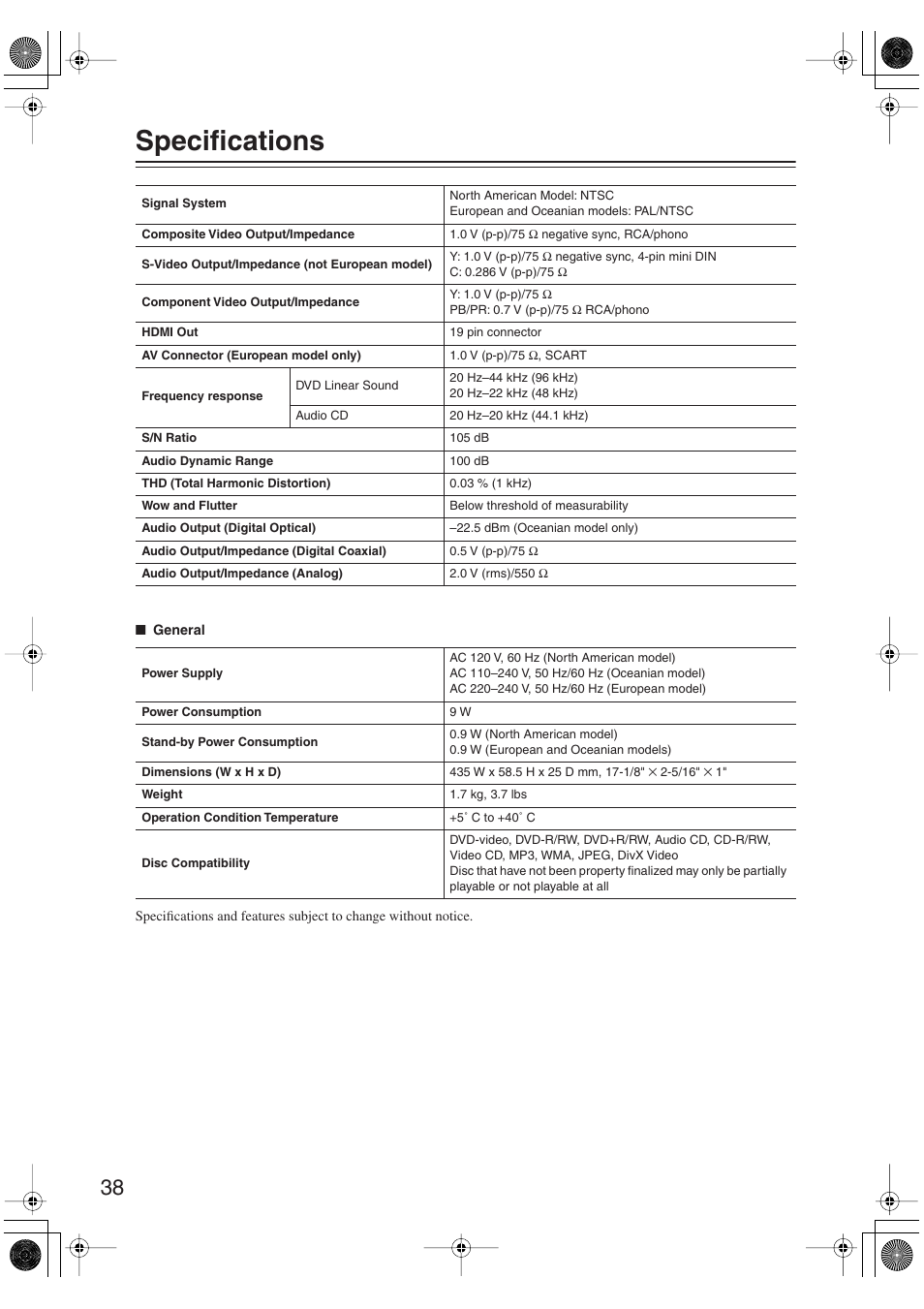 Specifications | Onkyo DV-SP406 User Manual | Page 38 / 40