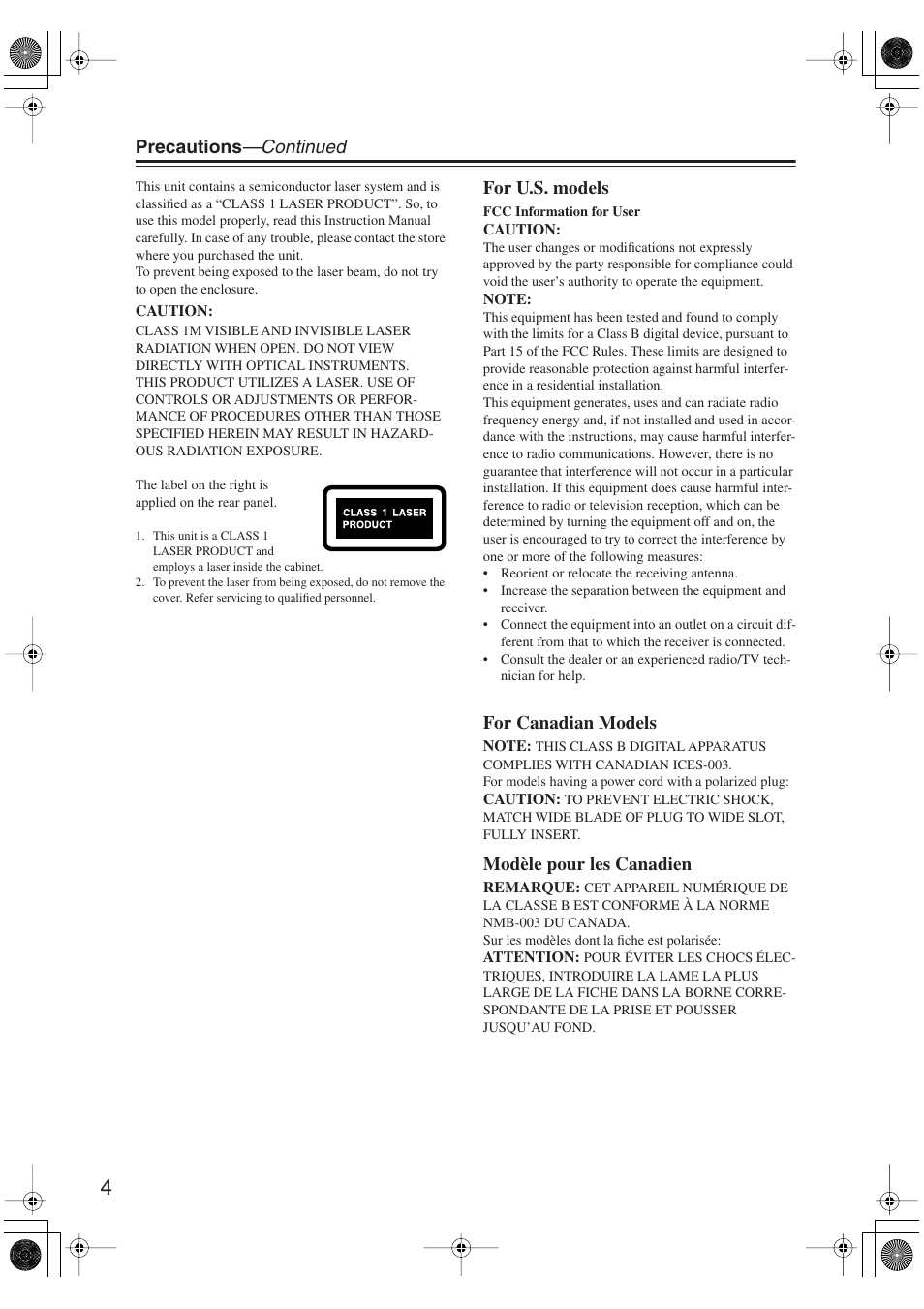 Precautions —continued, For u.s. models, For canadian models | Modèle pour les canadien | Onkyo DV-SP406 User Manual | Page 4 / 40