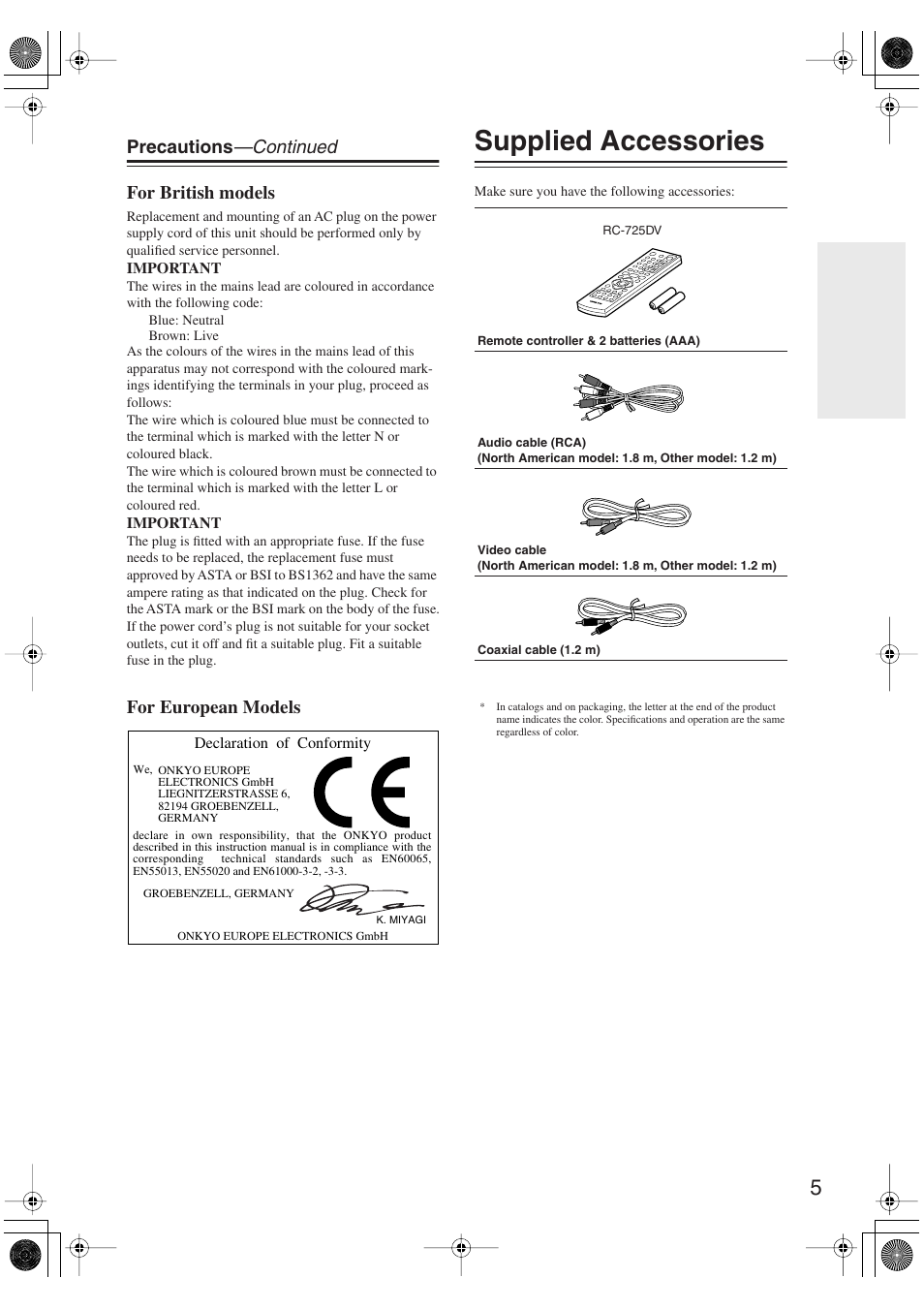 Supplied accessories, Precautions —continued for british models, For european models | Onkyo DV-SP406 User Manual | Page 5 / 40
