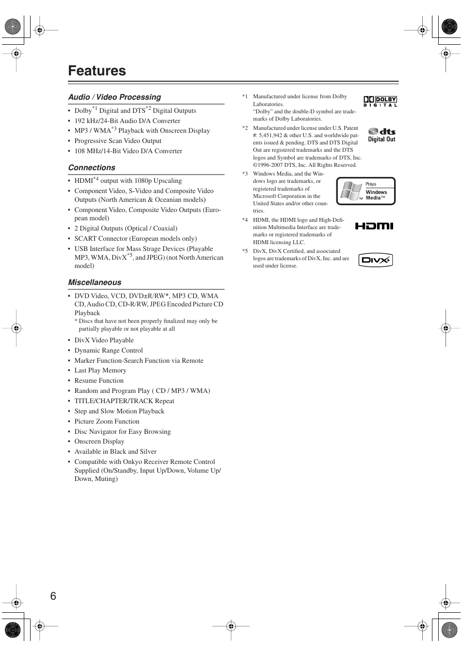 Features | Onkyo DV-SP406 User Manual | Page 6 / 40