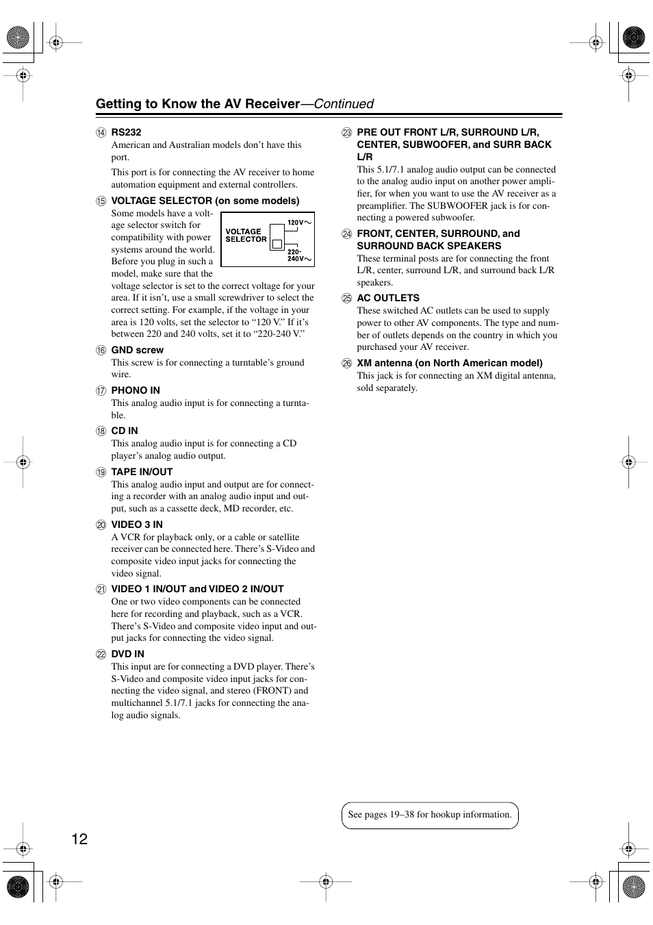 Getting to know the av receiver —continued | Onkyo TX-SR8370 User Manual | Page 12 / 96