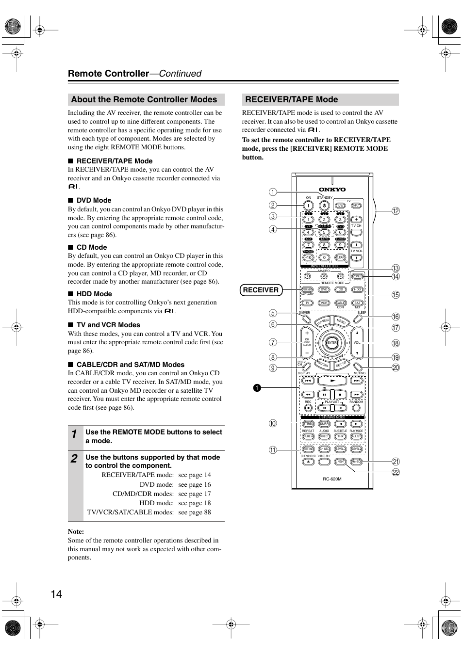 Remote controller —continued, About the remote controller modes, Receiver/tape mode | Onkyo TX-SR8370 User Manual | Page 14 / 96