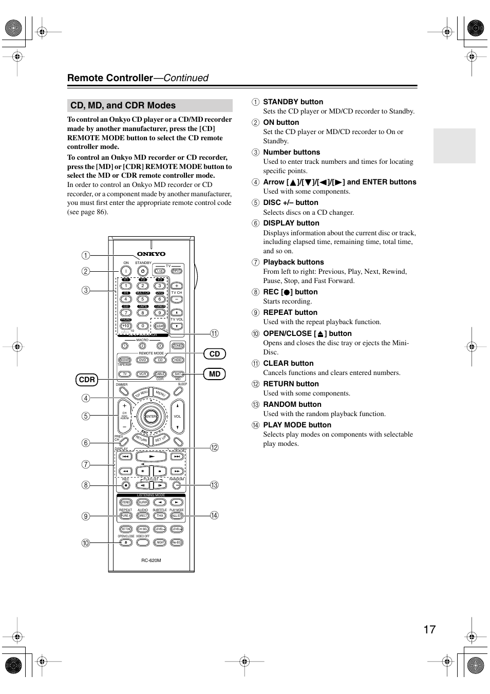 Remote controller —continued, Cd, md, and cdr modes | Onkyo TX-SR8370 User Manual | Page 17 / 96