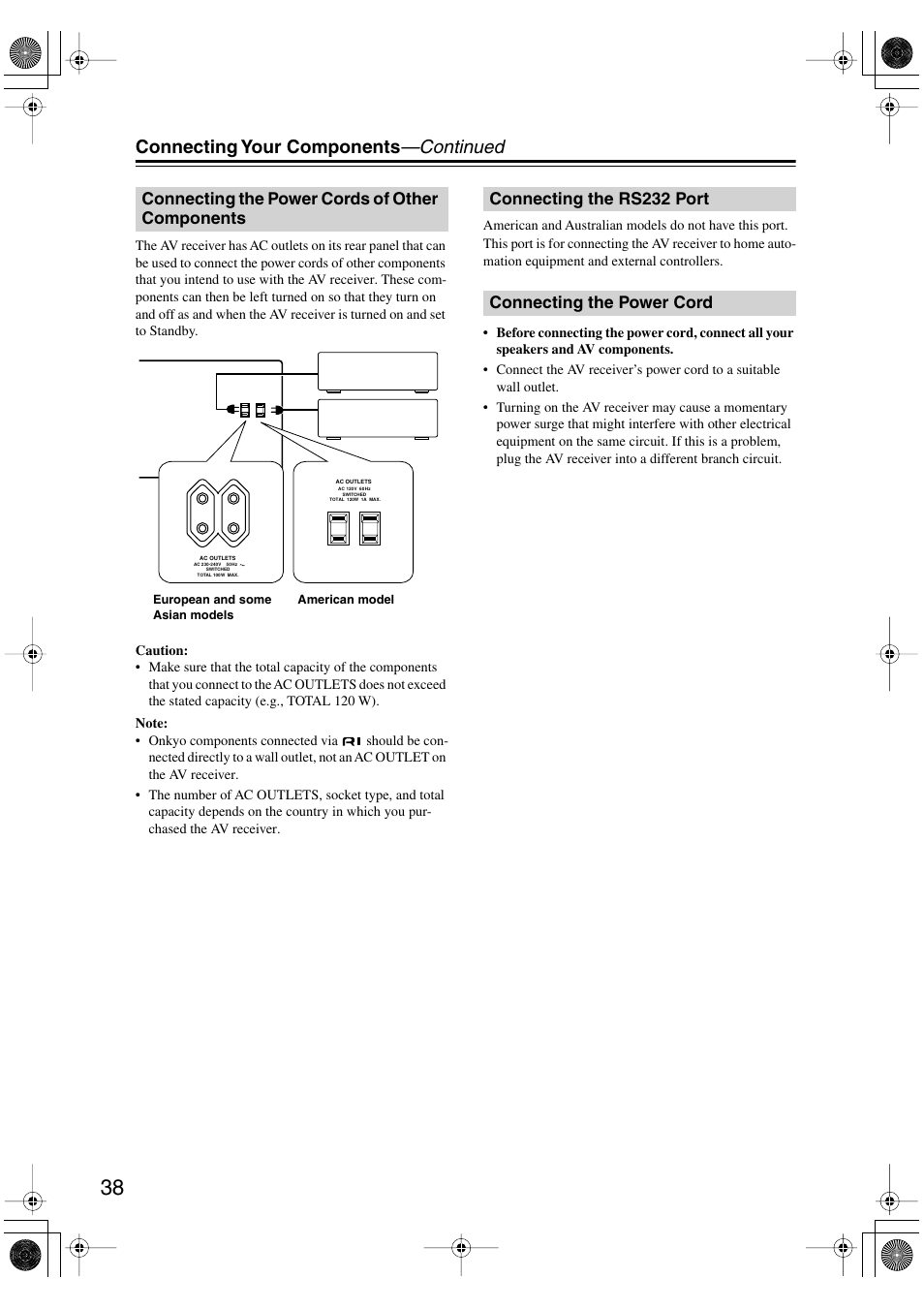 Connecting your components —continued, Connecting the power cords of other components | Onkyo TX-SR8370 User Manual | Page 38 / 96