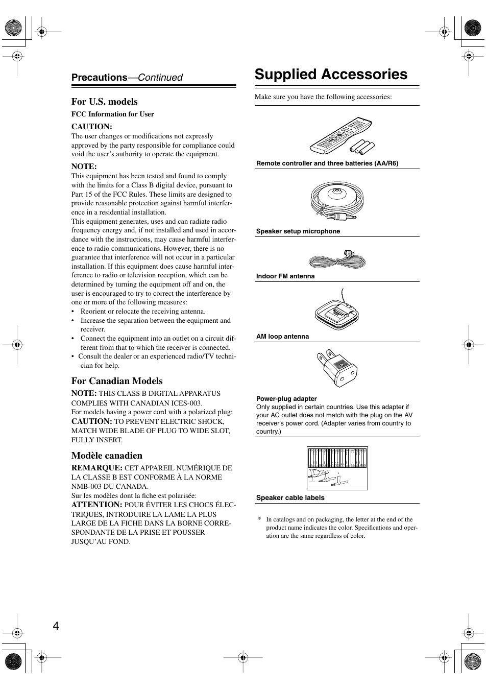 Supplied accessories, Precautions —continued for u.s. models, For canadian models | Modèle canadien, Caution, Remarque, Attention, Fcc information for user, Make sure you have the following accessories, Speaker cable | Onkyo TX-SR8370 User Manual | Page 4 / 96