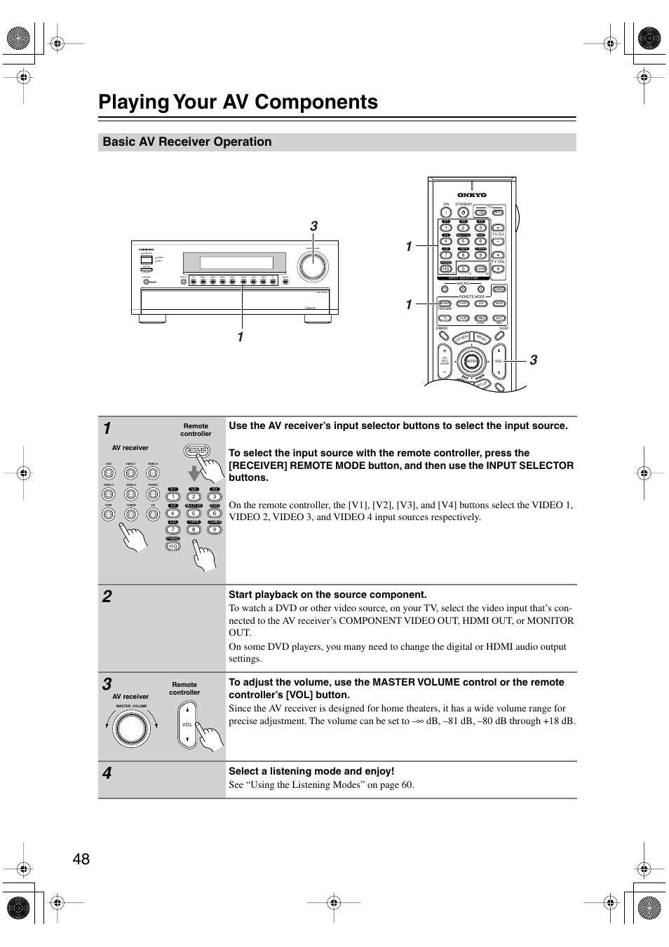 Playing your av components, Basic av receiver operation | Onkyo TX-SR8370 User Manual | Page 48 / 96