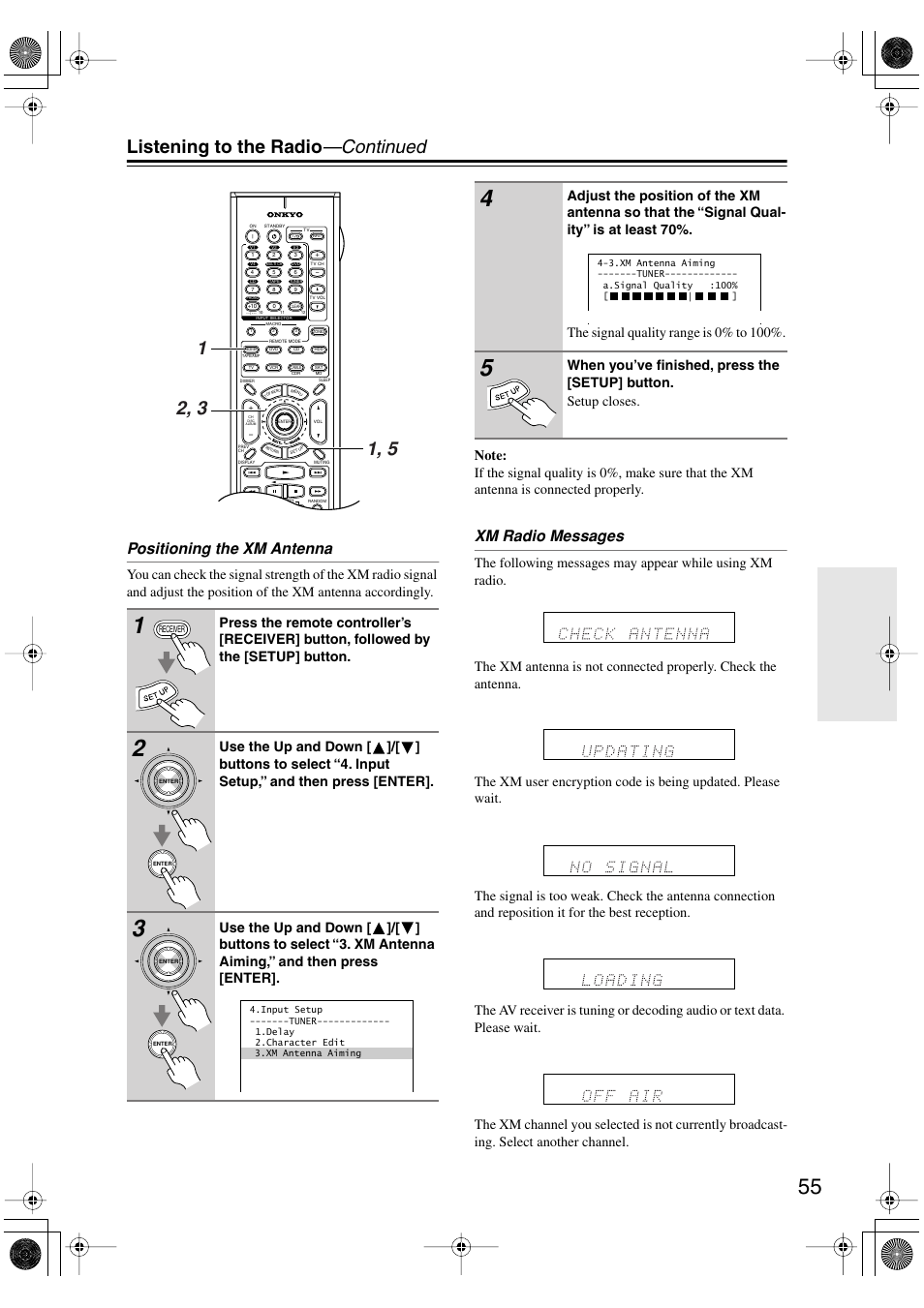 Listening to the radio —continued, Positioning the xm antenna, Xm radio messages | Onkyo TX-SR8370 User Manual | Page 55 / 96