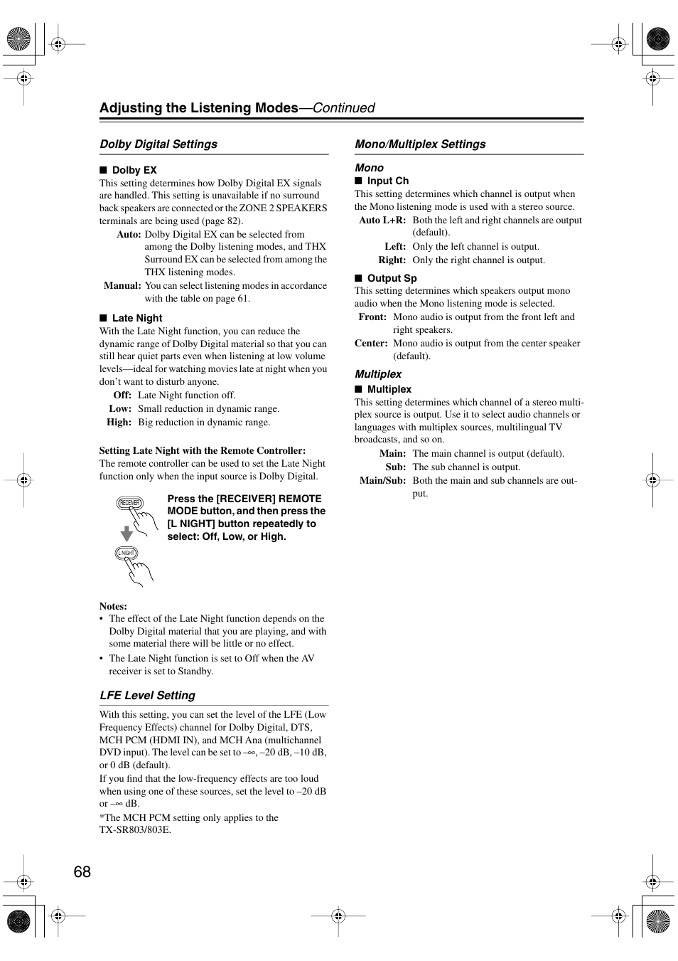 Adjusting the listening modes —continued | Onkyo TX-SR8370 User Manual | Page 68 / 96