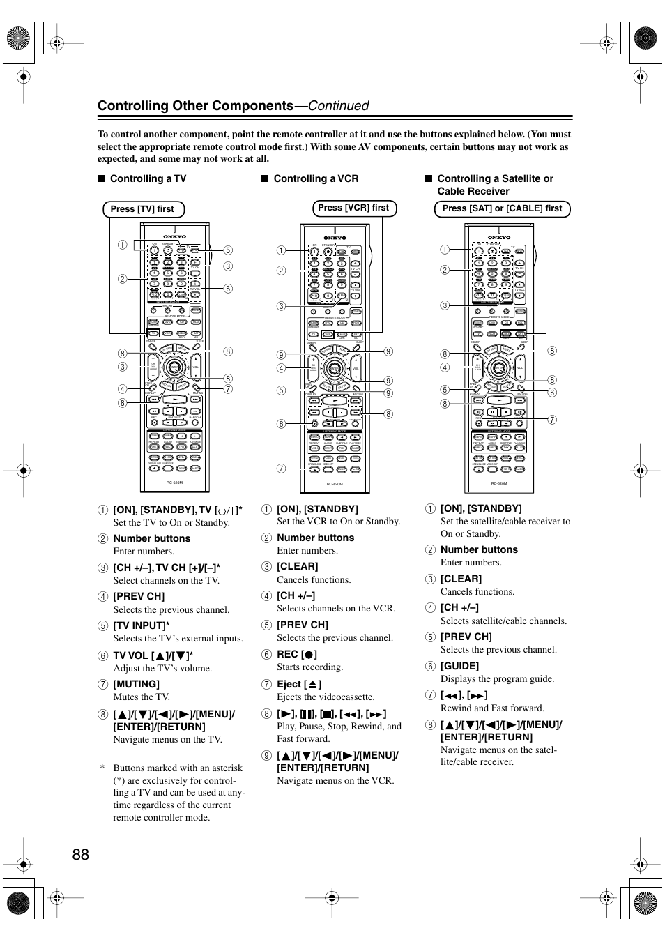 Controlling other components —continued, Number buttons enter numbers, Ch +/–], tv ch [+]/[–]* select channels on the tv | Prev ch] selects the previous channel, Tv input]* selects the tv’s external inputs, Tv vol [ ]/[ ]* adjust the tv’s volume, Muting] mutes the tv, On], [standby] set the vcr to on or standby, Clear] cancels functions, Ch +/–] selects channels on the vcr | Onkyo TX-SR8370 User Manual | Page 88 / 96