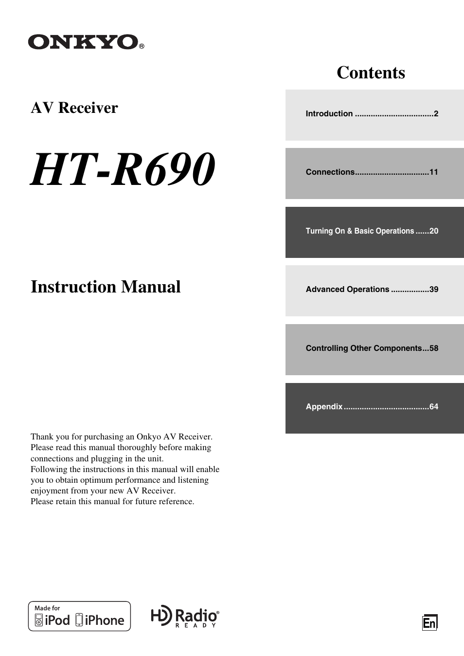 Onkyo Network A/V Receiver HT-R690 User Manual | 84 pages