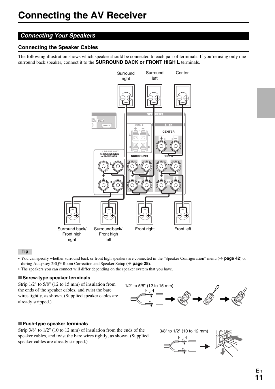 Connections, Connecting the av receiver, Connecting your speakers | See “connecting the av receiver” for | Onkyo Network A/V Receiver HT-R690 User Manual | Page 11 / 84