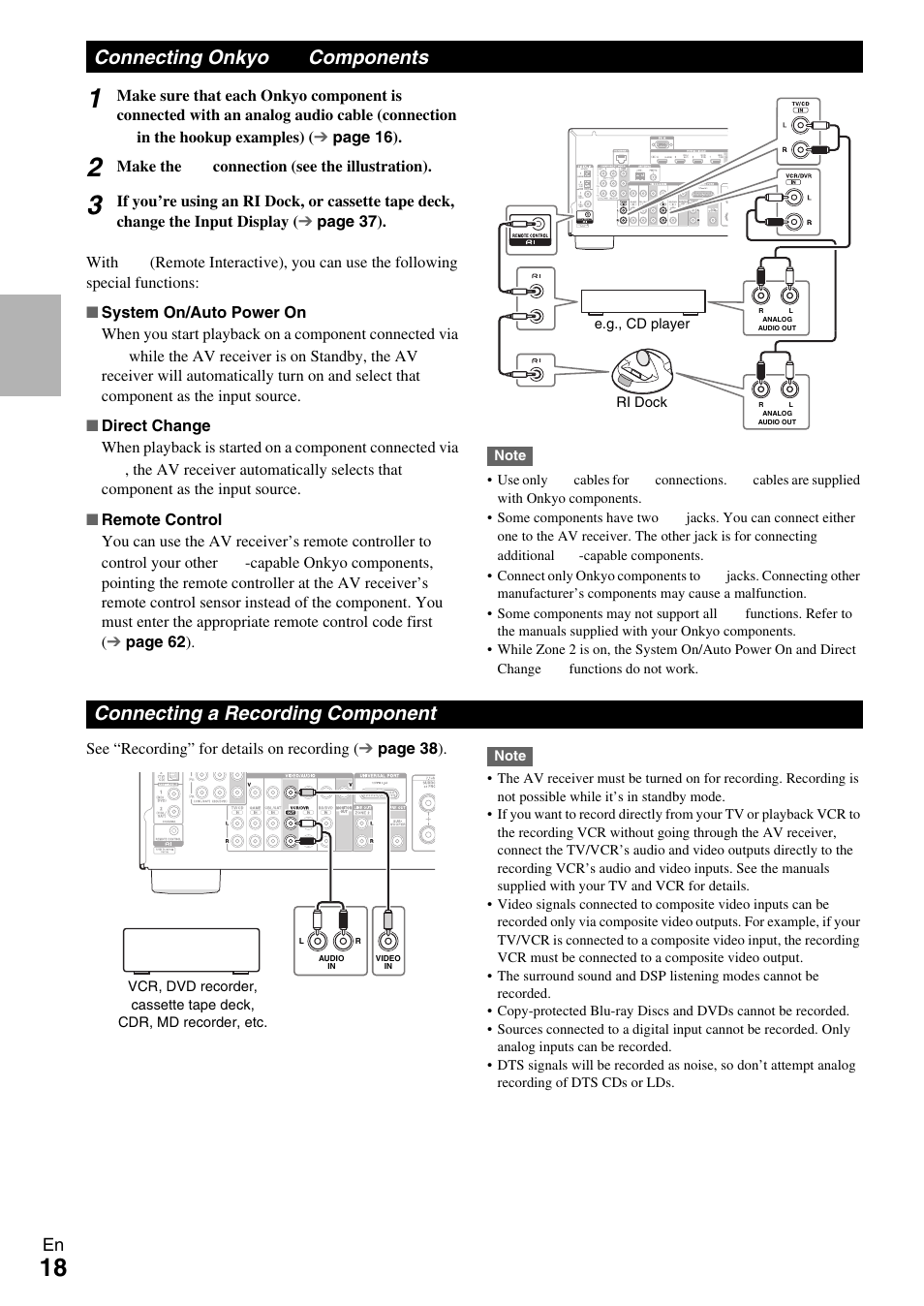 Connecting onkyo ri components, Connecting a recording component, Connecting onkyo | Connecting onkyo components | Onkyo Network A/V Receiver HT-R690 User Manual | Page 18 / 84