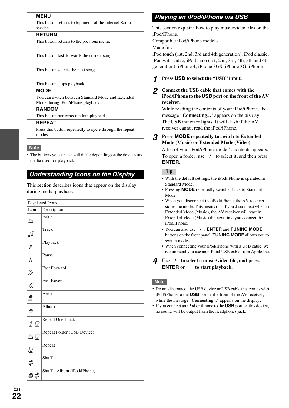 Understanding icons on the display, Playing an ipod/iphone via usb | Onkyo Network A/V Receiver HT-R690 User Manual | Page 22 / 84