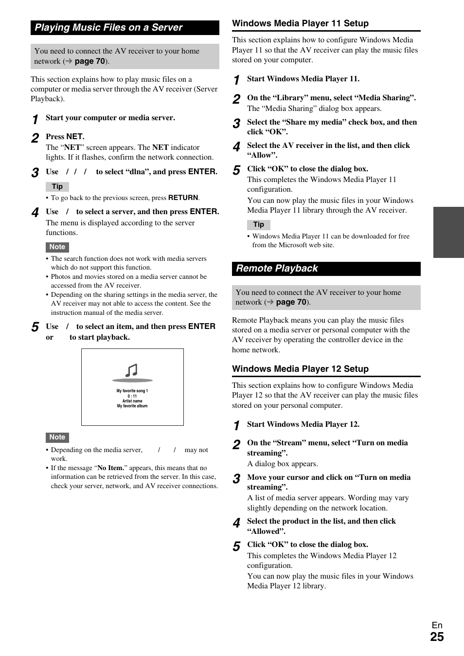 Playing music files on a server, Remote playback, Playing music files on a server remote playback | Onkyo Network A/V Receiver HT-R690 User Manual | Page 25 / 84