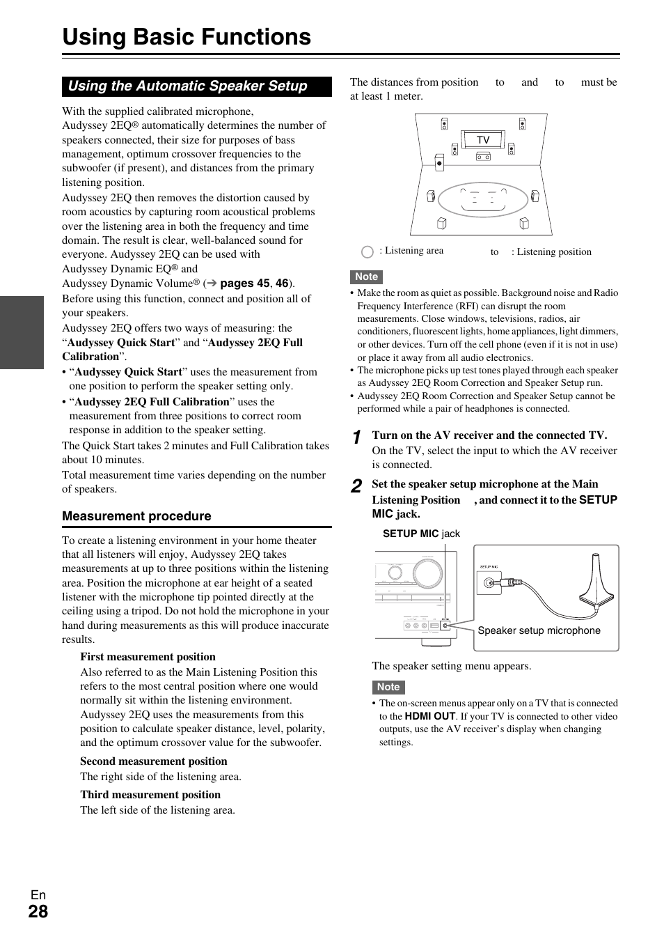 Using basic functions, Using the automatic speaker setup | Onkyo Network A/V Receiver HT-R690 User Manual | Page 28 / 84