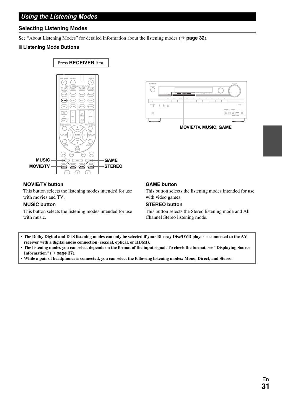 Using the listening modes | Onkyo Network A/V Receiver HT-R690 User Manual | Page 31 / 84