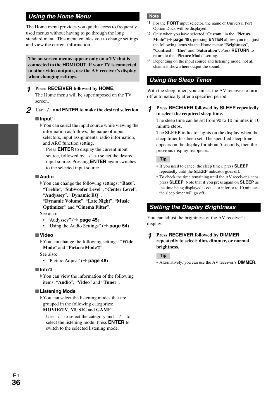 Using the home menu, Using the sleep timer, Setting the display brightness | Sleep indicator, Button (36 | Onkyo Network A/V Receiver HT-R690 User Manual | Page 36 / 84