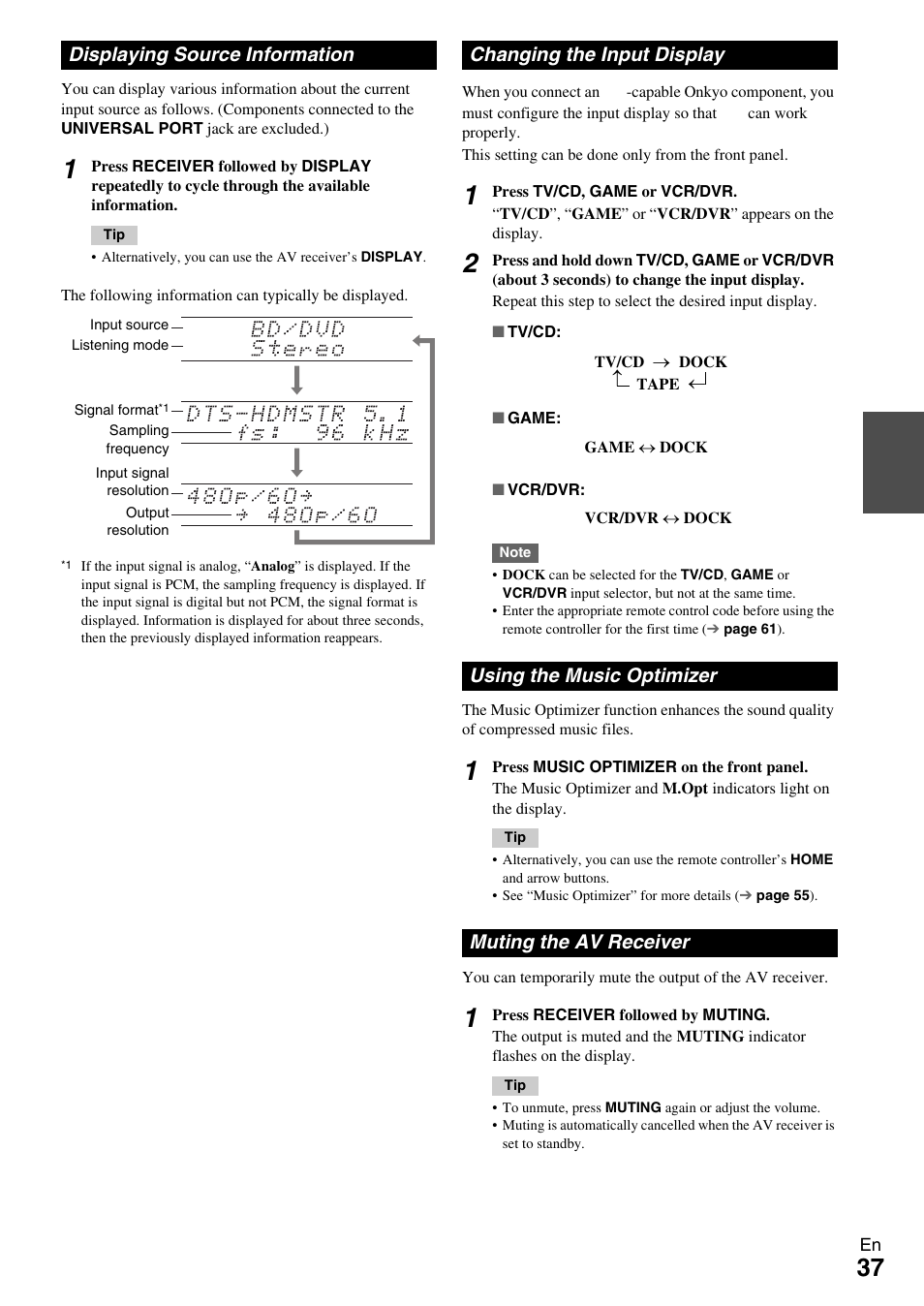 Displaying source information, Changing the input display, Using the music optimizer | Muting the av receiver, Button (37, Tor (37, N (37 | Onkyo Network A/V Receiver HT-R690 User Manual | Page 37 / 84