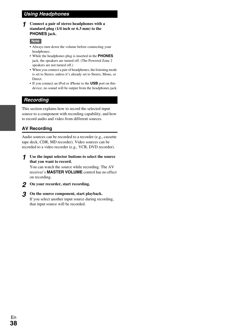 Using headphones, Recording, Using headphones recording | Jack (38, E “recording, See “recording” for de | Onkyo Network A/V Receiver HT-R690 User Manual | Page 38 / 84