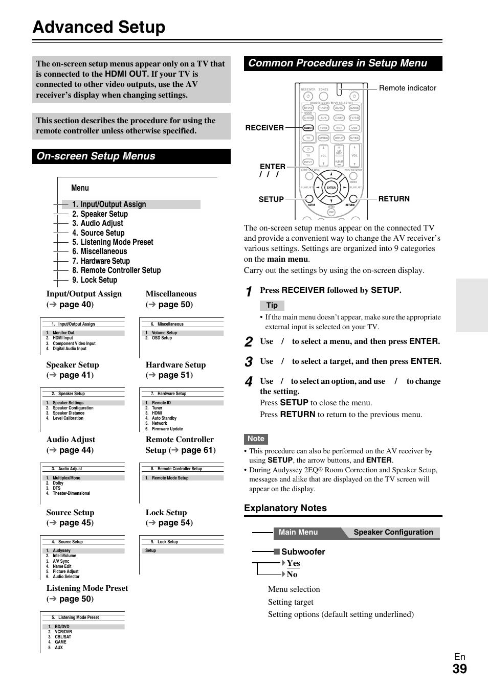 Advanced operations, Advanced setup, On-screen setup menus | Common procedures in setup menu, Button (39), Button (39, Advanced setup” f, Details, Advanced setup” fo | Onkyo Network A/V Receiver HT-R690 User Manual | Page 39 / 84