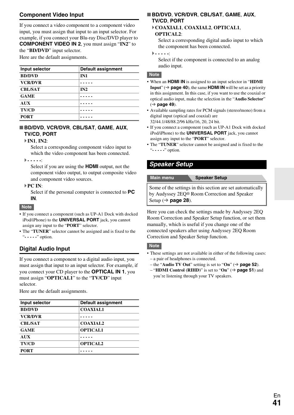 Speaker setup, Manually, Component video input | Onkyo Network A/V Receiver HT-R690 User Manual | Page 41 / 84