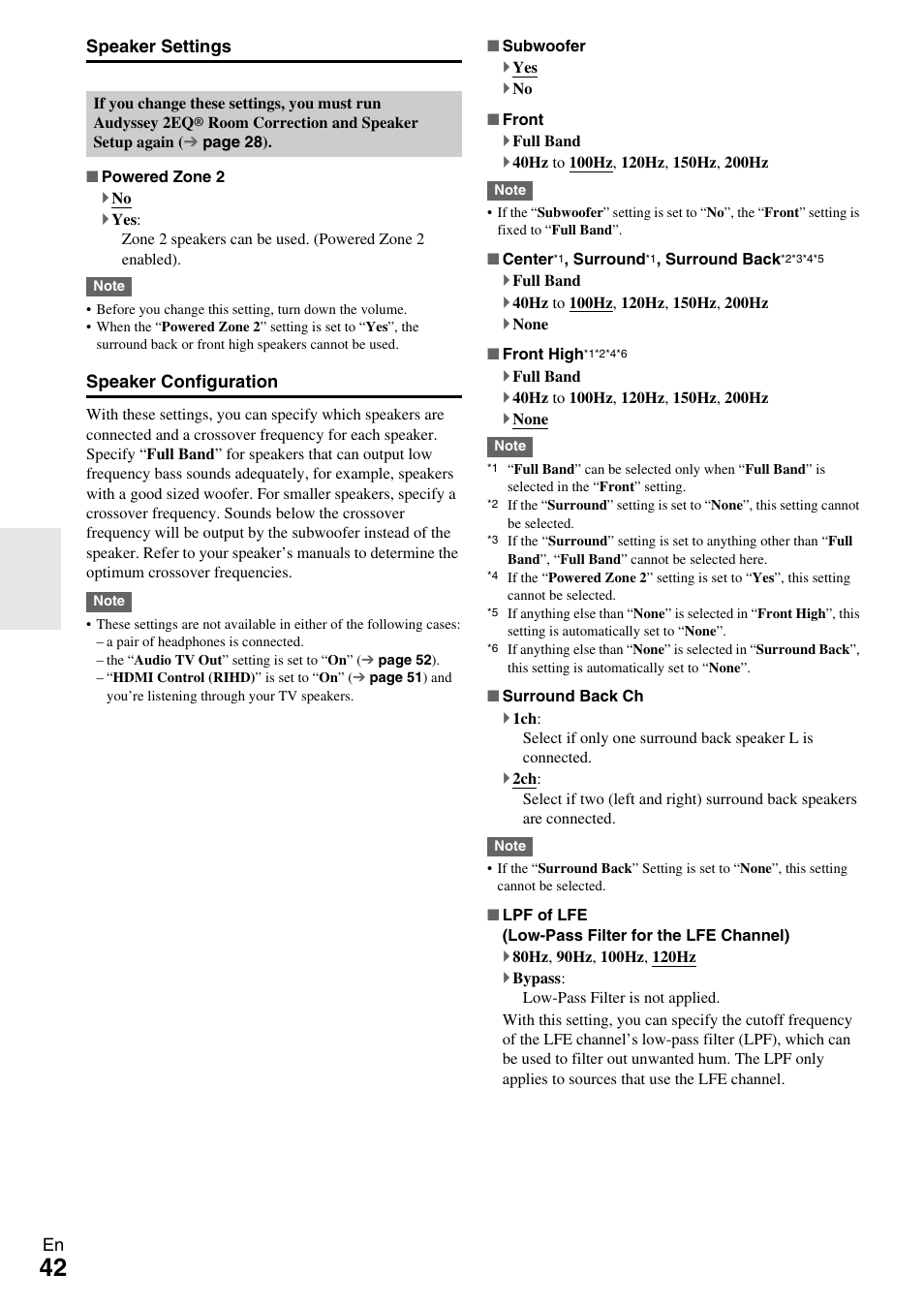 Speaker configuration” menu, Ee “speaker configuration” f, Speaker configuration | Onkyo Network A/V Receiver HT-R690 User Manual | Page 42 / 84