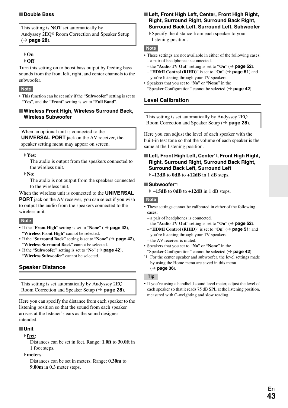 Speaker distance, Level calibration | Onkyo Network A/V Receiver HT-R690 User Manual | Page 43 / 84
