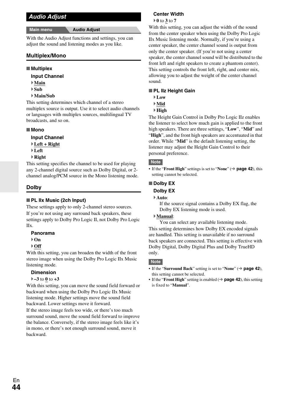 Audio adjust | Onkyo Network A/V Receiver HT-R690 User Manual | Page 44 / 84