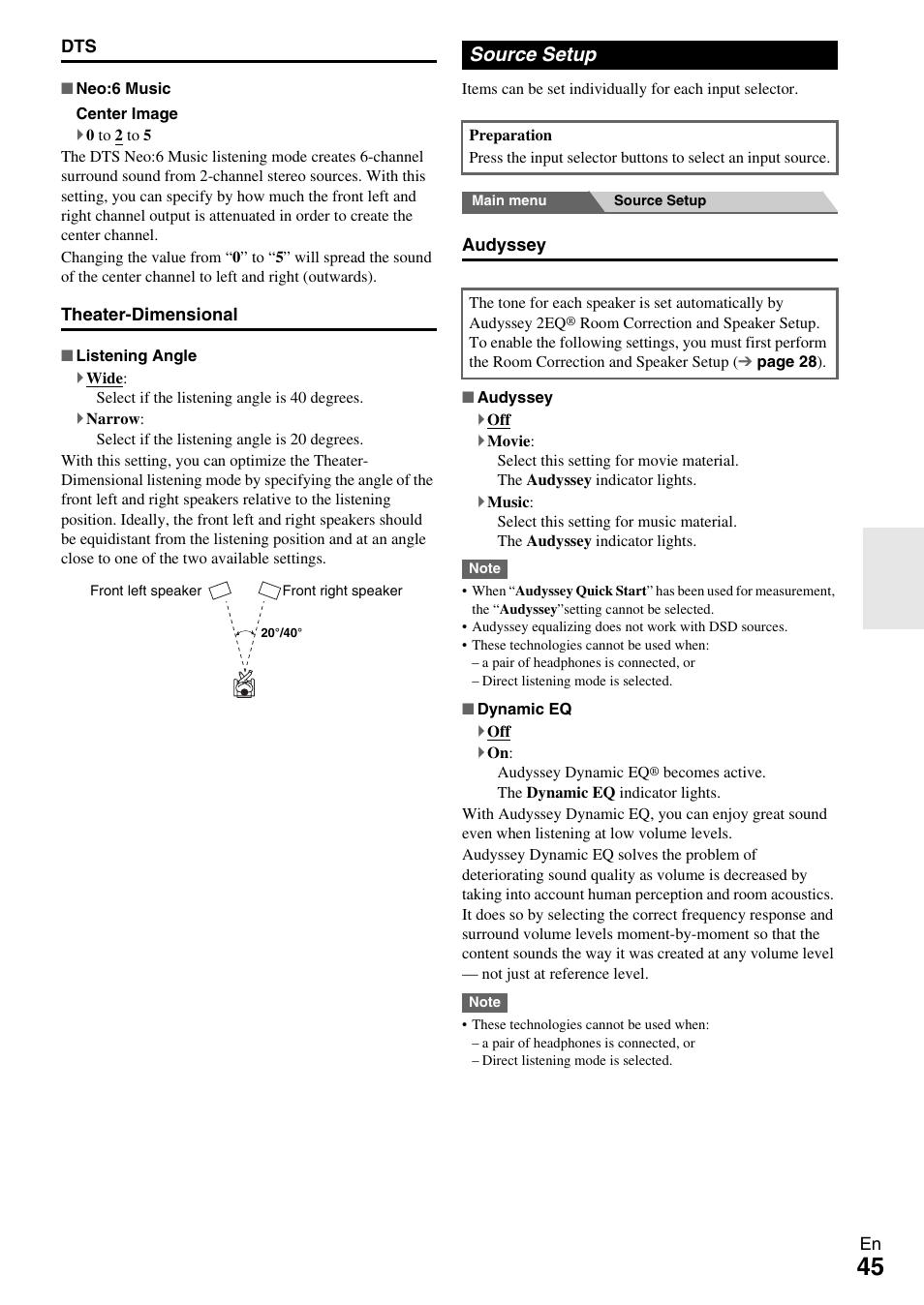 Source setup, Audyssey, The menu will display the “audyssey | Dynamic eq | Onkyo Network A/V Receiver HT-R690 User Manual | Page 45 / 84