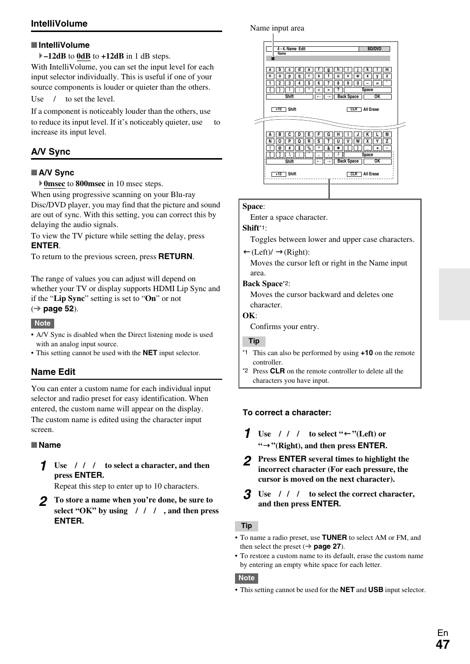 En intellivolume, A/v sync, Name edit | Onkyo Network A/V Receiver HT-R690 User Manual | Page 47 / 84