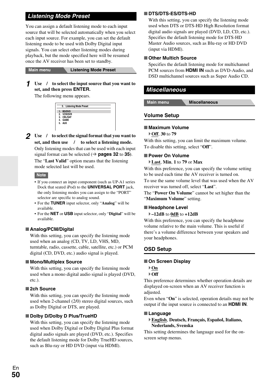 Listening mode preset, Miscellaneous, Listening mode preset miscellaneous | Onkyo Network A/V Receiver HT-R690 User Manual | Page 50 / 84