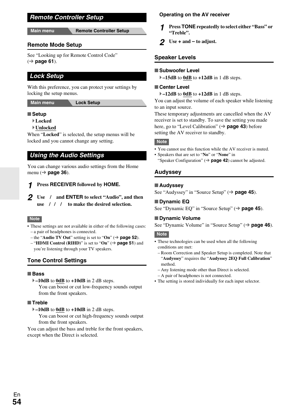 Remote controller setup, Lock setup, Using the audio settings | Onkyo Network A/V Receiver HT-R690 User Manual | Page 54 / 84