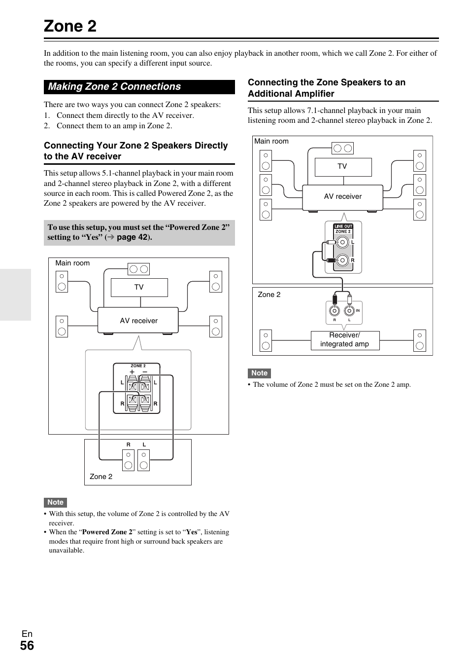 Zone 2, Making zone 2 connections | Onkyo Network A/V Receiver HT-R690 User Manual | Page 56 / 84