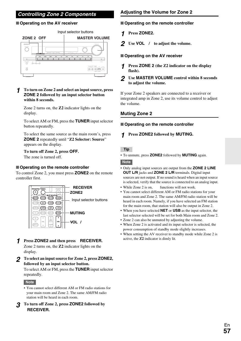 Controlling zone 2 components | Onkyo Network A/V Receiver HT-R690 User Manual | Page 57 / 84