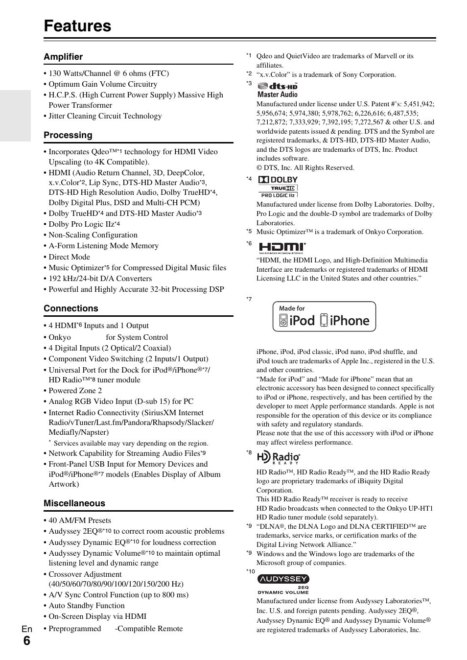 Features, Amplifier, Processing | Connections, Miscellaneous | Onkyo Network A/V Receiver HT-R690 User Manual | Page 6 / 84